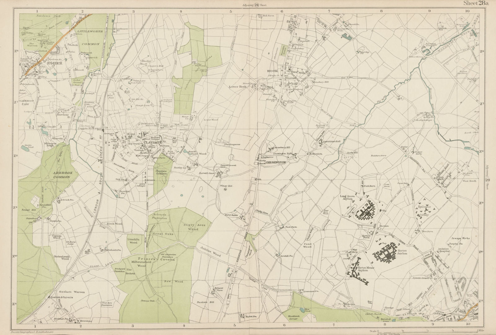 ESHER/EWELL Epsom Claygate Oxshott Hook Chessington Hinchley Wood.BACON 1919 map